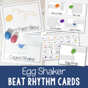 Egg Shakers beat rhythm cards printable song helps for Primary Singing time and music teachers in class helps. Get more use out of your egg shaker instruments by using this varying pattern cards to help you come up with rhythm sequences to try with any song!