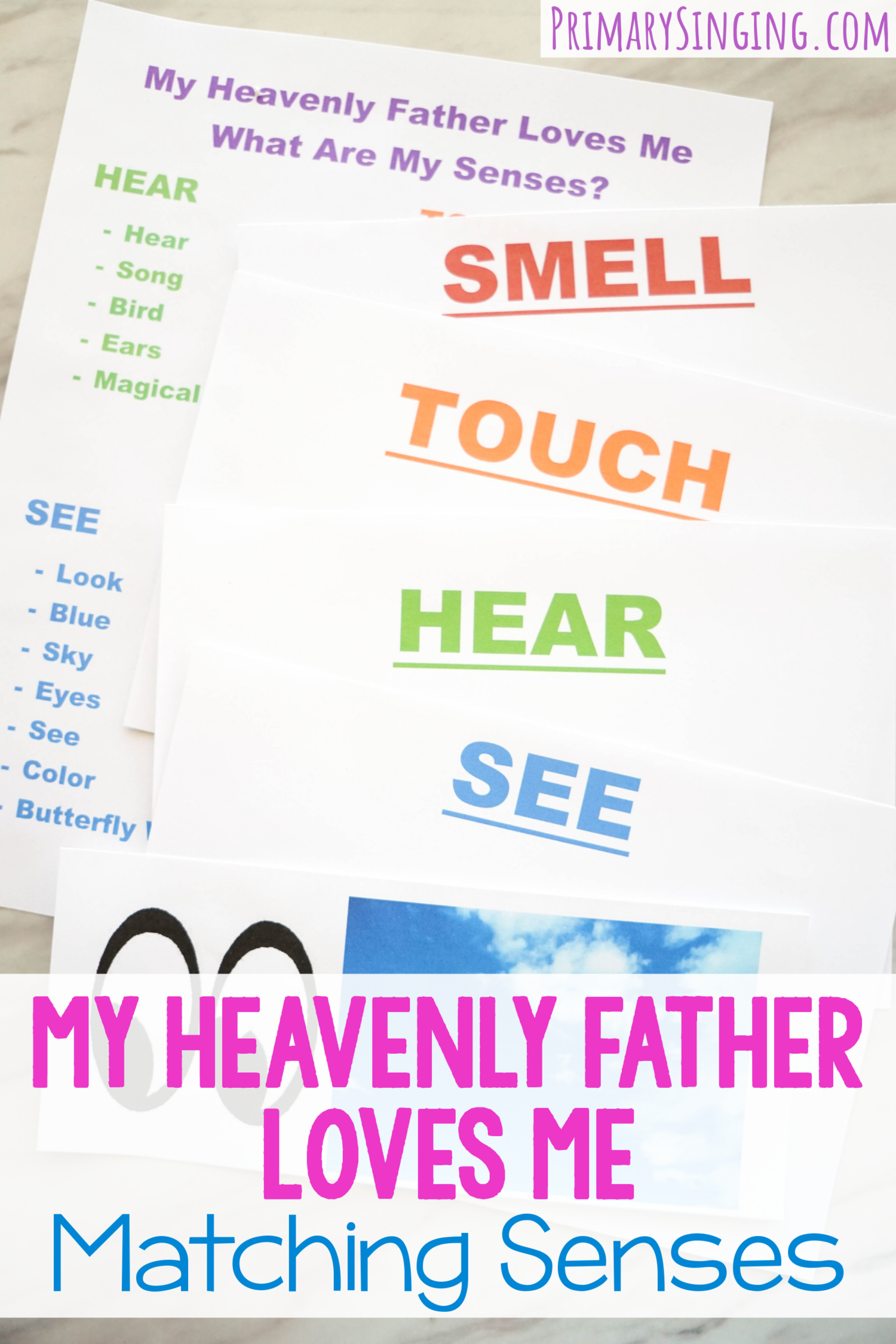 My Heavenly Father Loves Me Matching Senses fun singing time idea to engage with each of the senses references throughout this song lyrics. Fun ways to teach this song with printable song helps for LDS Primary music leaders.