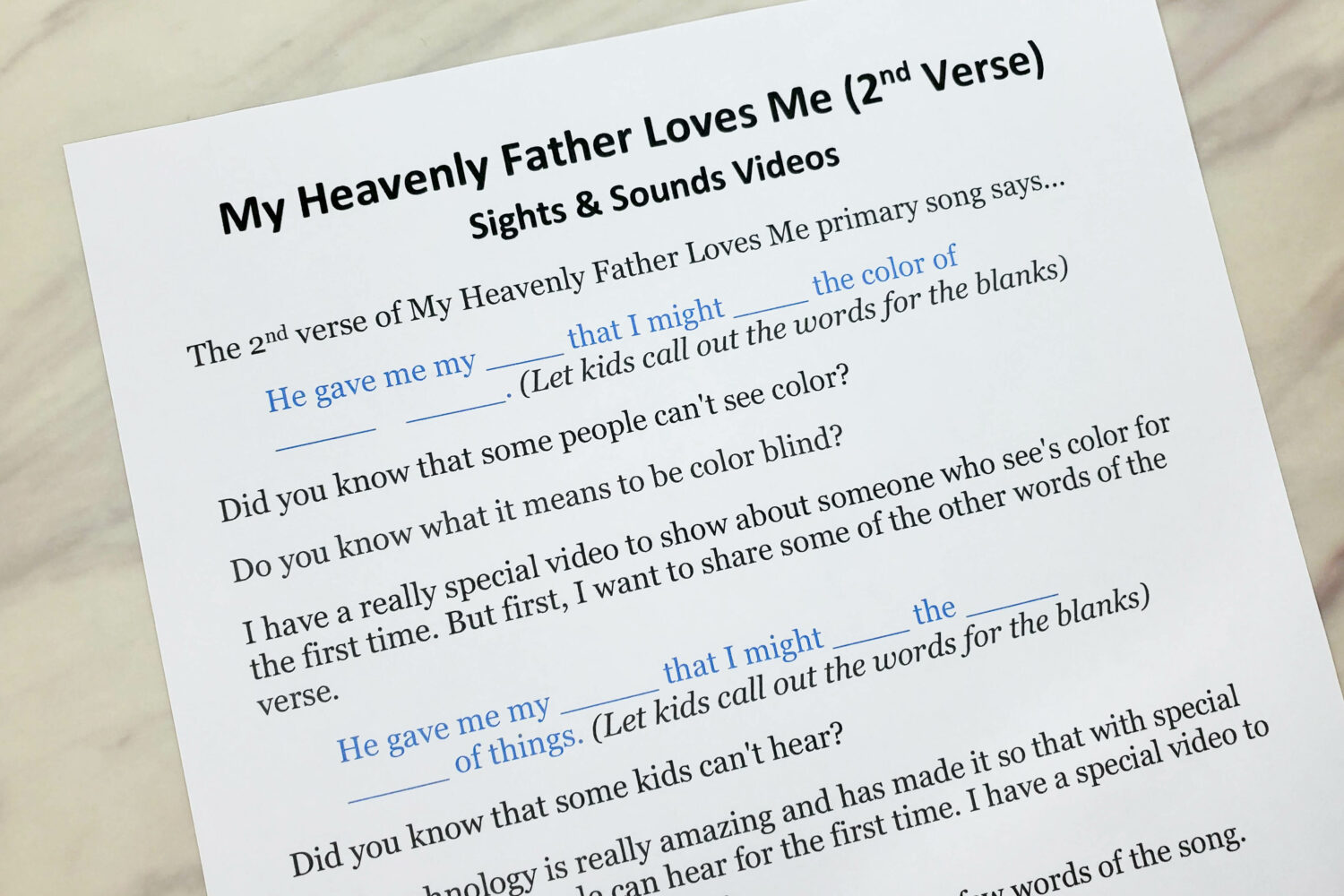 Teach My Heavenly Father Loves Me LDS Primary Song with this fun printable Sights & Sounds lesson plan that explores those that get to hear and see color for the first time!
