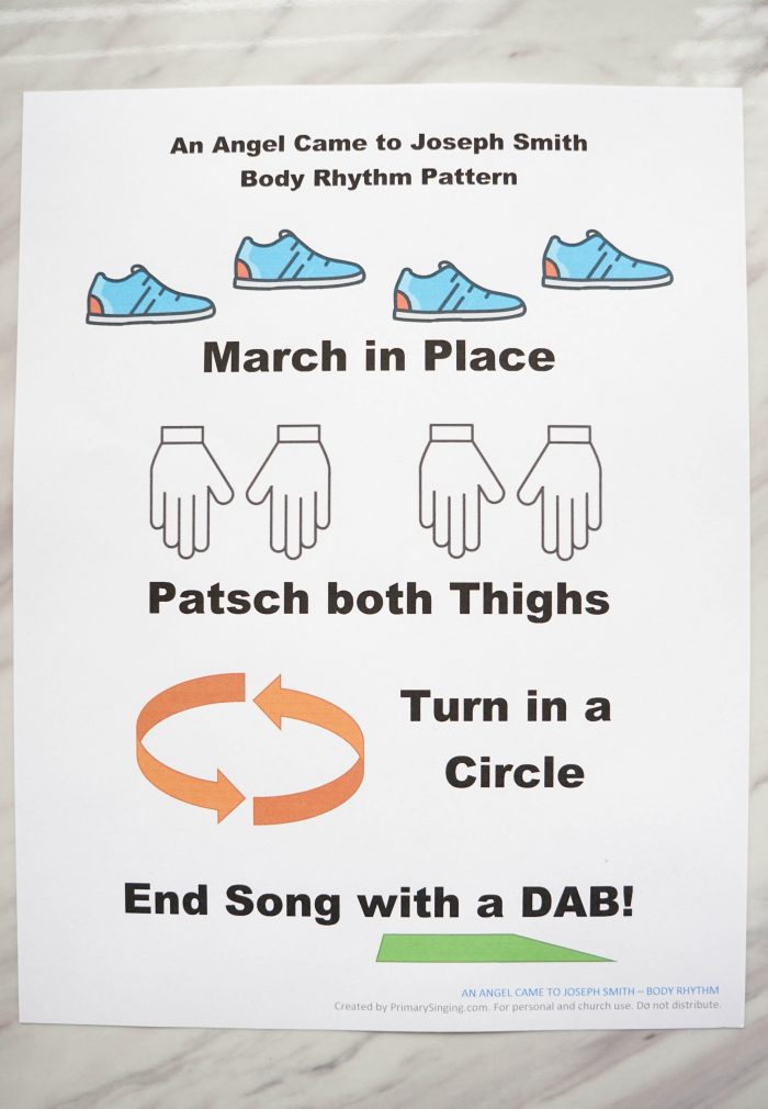 Fun body rhythm pattern idea for An Angel Came to Joseph Smith - Singing time lesson plan for primary choristers / music leaders. #LDS #Primary #MusicLeaders #PrimaryChorister #Chorister #ImaMormon #SingingTime #