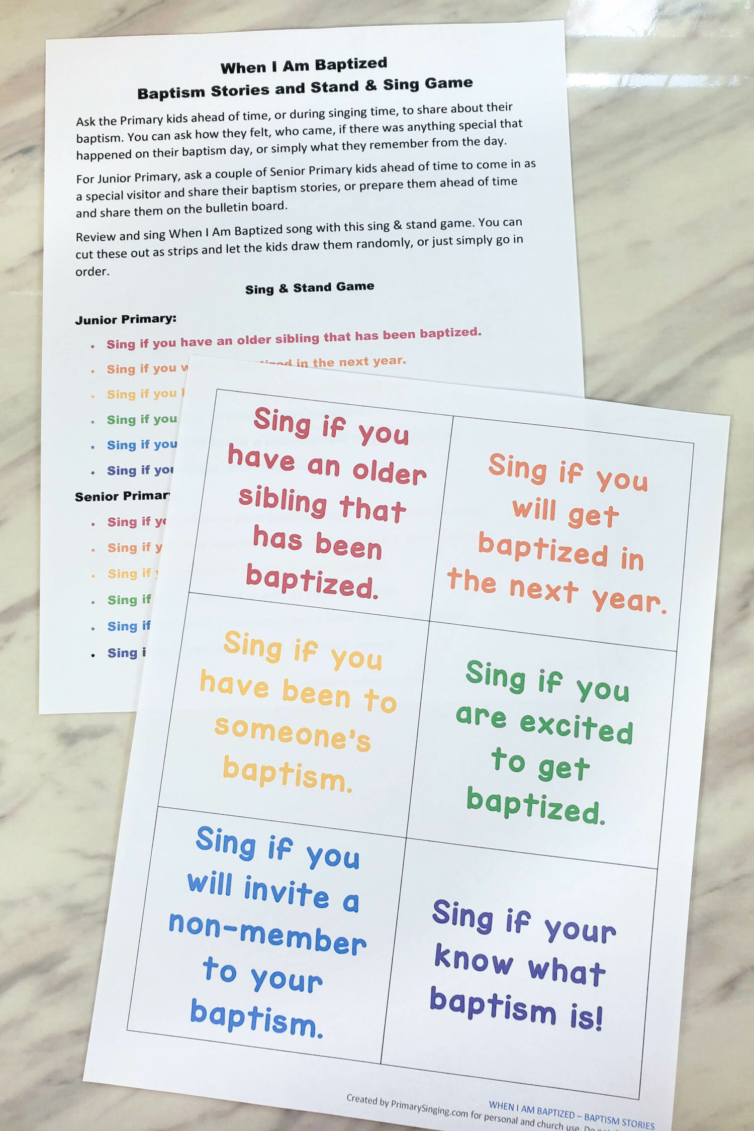 When I Am Baptized Stories Stand and Sing fun prompts to divide your Primary children into 2 groups to sing through the song. Activity for LDS Primary music leaders.