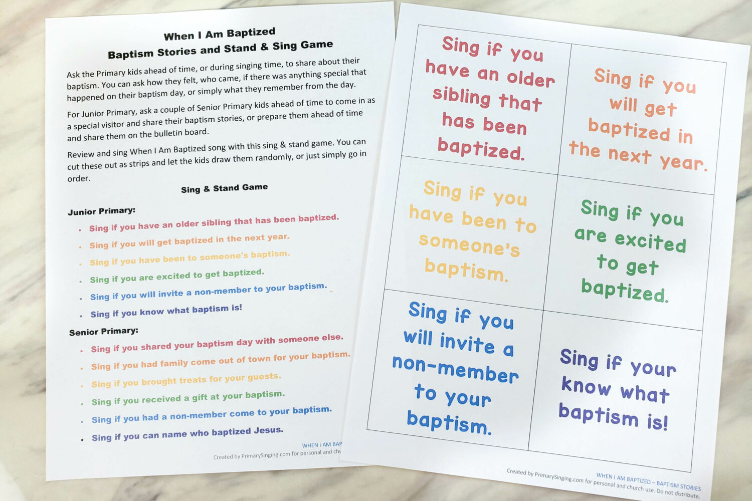 When I Am Baptized Stories Stand and Sing fun prompts to divide your Primary children into 2 groups to sing through the song. Activity for LDS Primary music leaders.