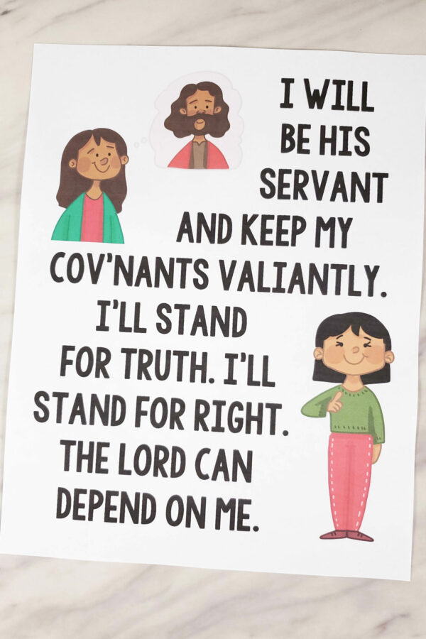I Will Be Valiant Flip Chart for Primary Singing Time great visual aids to help teach this song for LDS Primary music leaders - illustration pictures and lyrics!