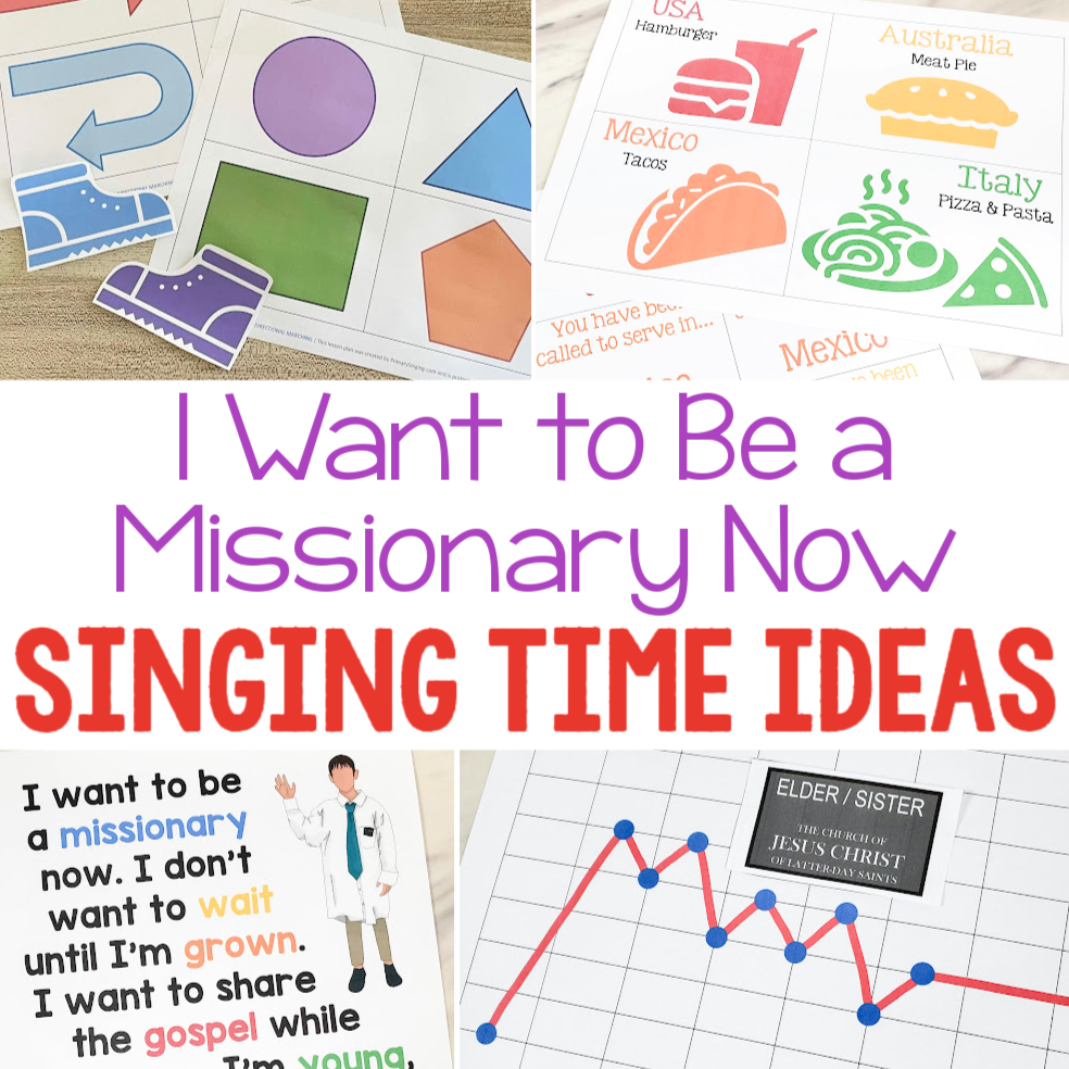 I Want to Be a Missionary Now Singing Time Ideas for LDS Primary Music Leaders - a fun assortment of activities and lesson plans. Includes printable flip charts, melody map, rhythm sticks, foreign languages, missionary meals, and many more!