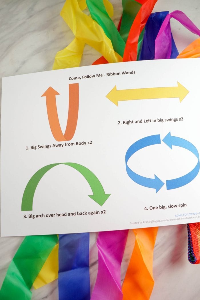 Teach the hymn Come Follow Me ribbon wands singing time for Primary Music Leaders or also a fun engaging activity for LDS families for home bible study! Free lesson plan and printable.