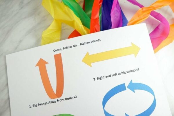 Teach the hymn Come, Follow Me Ribbon Wands for Primary Music Leaders or also a fun engaging activity for LDS families for home bible study! Free lesson plan and printable.
