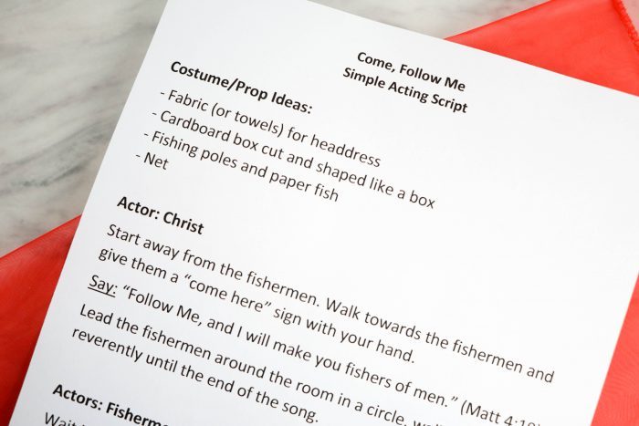 Simple acting script / skit activity to learn Come Follow Me Fishermen Acting Hymn in Primary singing time ideas! Perfect for LDS families in the home or for Music Leaders! Including a printable song helps to recreate a fisherman scene.