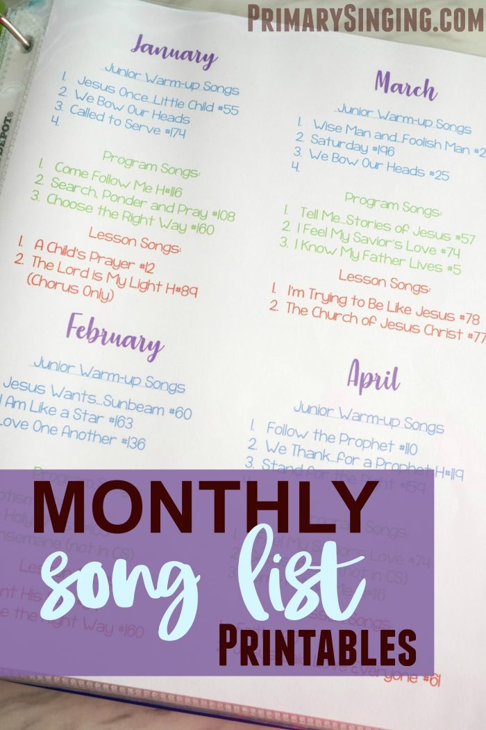 Monthly Song List Printables -- Free printable song list and editable document options for LDS Primary Music Leaders / Choristers. Get organized for your singing time lessons!