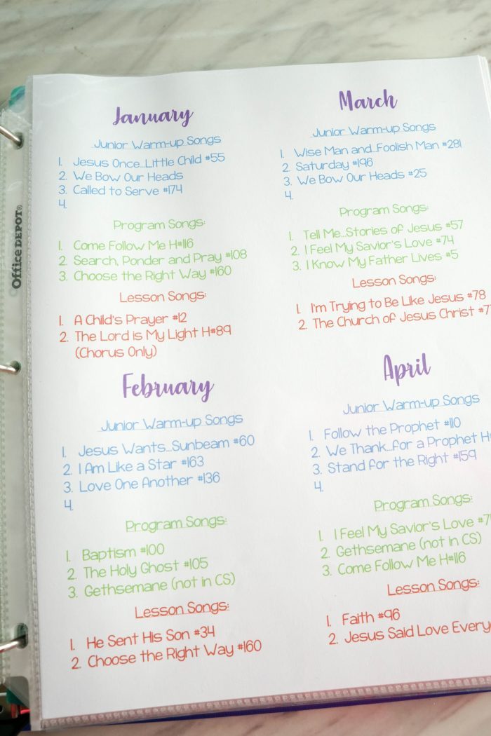 Monthly Song List Printables -- Free printable song list and editable document options for LDS Primary Music Leaders / Choristers. Get organized for your singing time lessons!