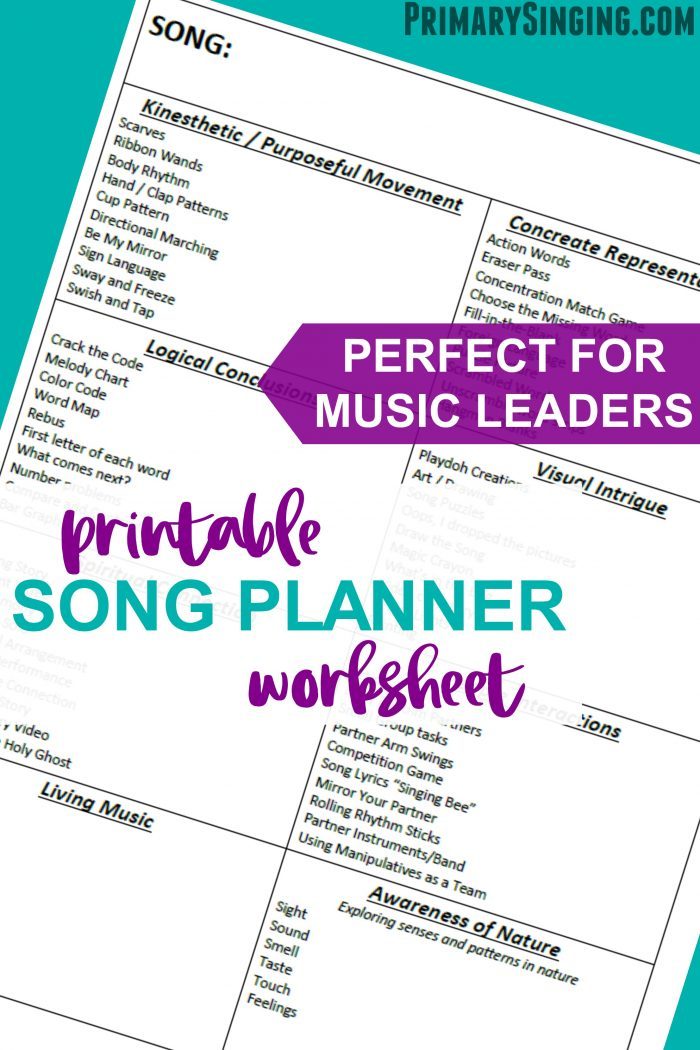 Printable Song Planner Worksheet - Primary Singing Time resource for Music Leaders! Easily plan 8 different activities in minutes with this free printable. 