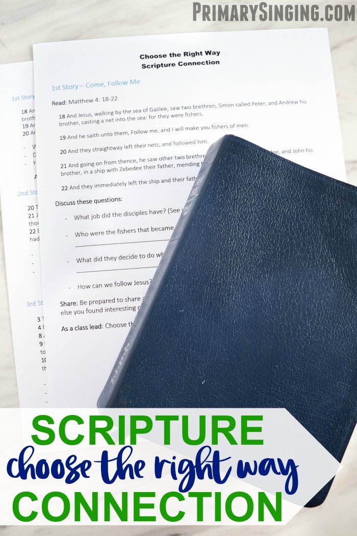 Choose the Right Way Scripture Connection -- A fun lesson plan for LDS Primary Music Leaders for Singing Time or great activity for Come Follow Me Home study.