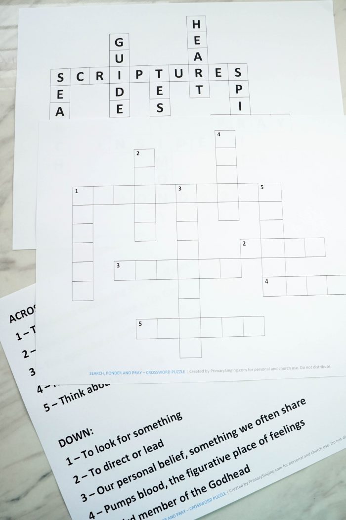 Printable Search, Ponder & Pray Crossword Puzzle singing time idea game for LDS Families and Primary Music Leaders. Great resource for Come, Follow Me home study.