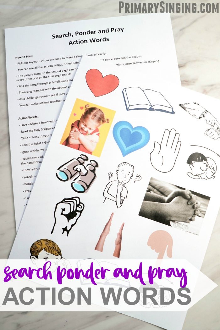 Search Ponder and Pray action words fun singing time ideas with printable song helps to represent each of the fun different action symbols so the kids can follow along visually. Easy ways to teach Search ponder and Pray for LDS Primary music leaders.