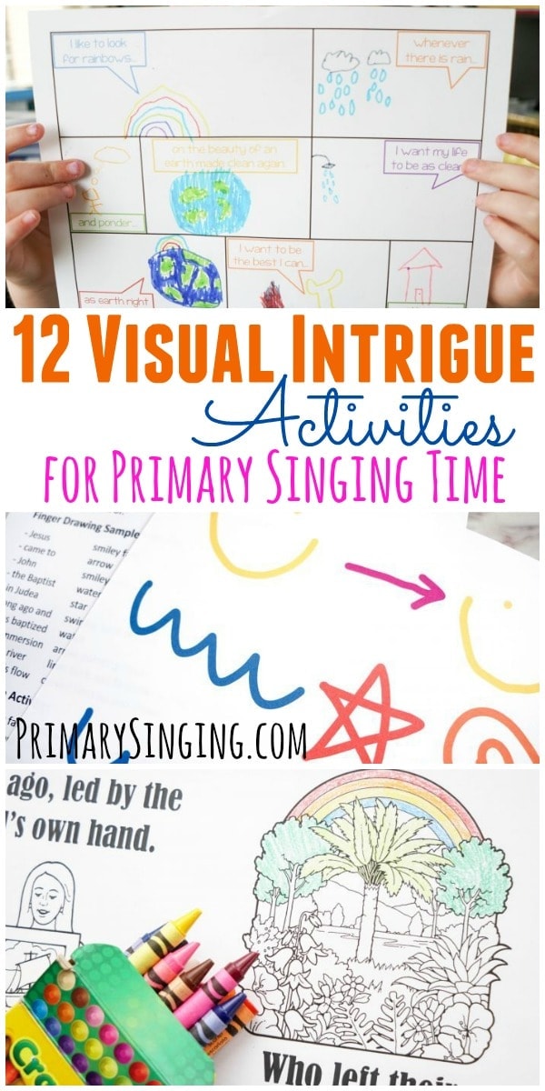12 different Visual Intrigue activities for singing time and lesson plan ideas you can adapt to any song based on using the visual learning style! Perfect for LDS Primary Singing Time music leaders and for homeschool moms!