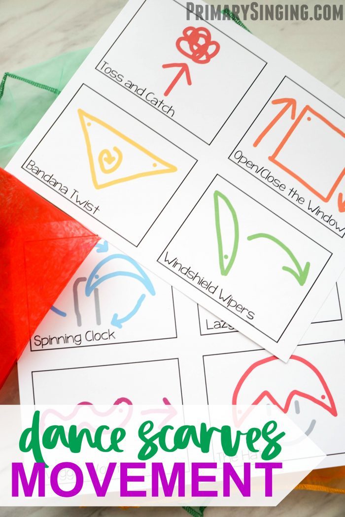 24 different dance scarves movement action cards! Free printable resource for Primary music leaders, homeschoolers, and preschool teachers.