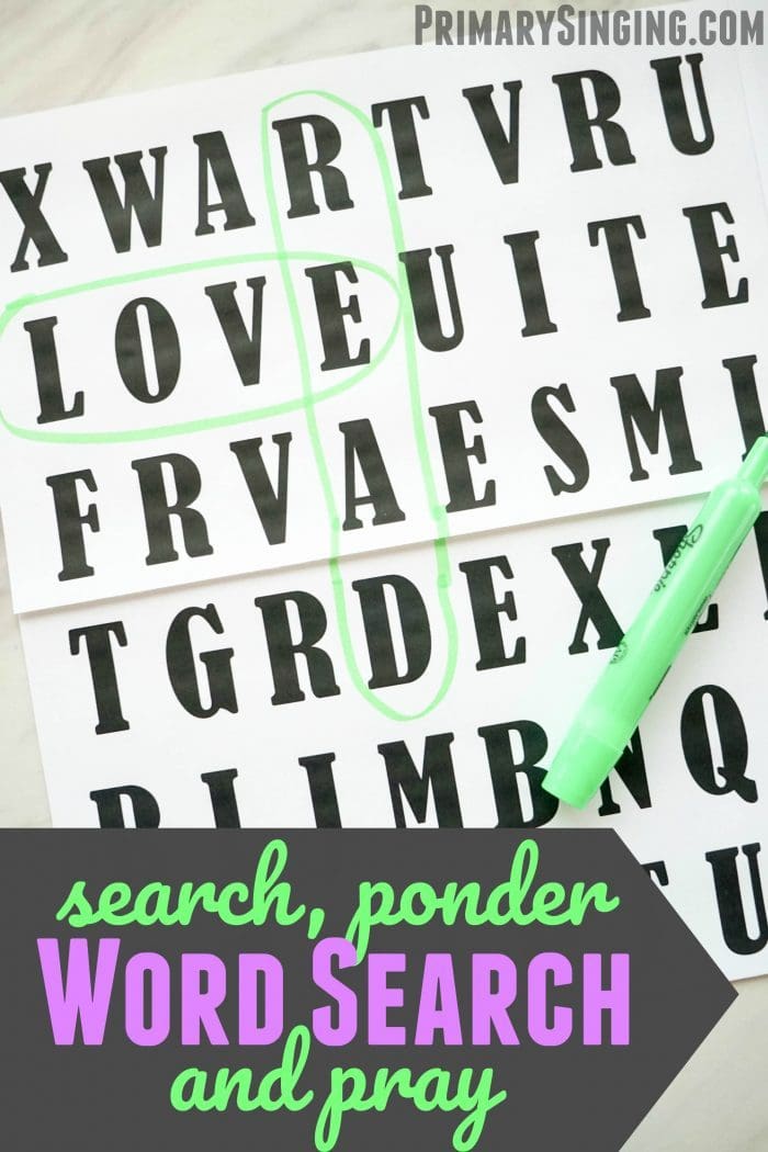 Search Ponder and Pray Word Search a free printable activity for LDS families and lesson plan for Primary Singing Time music leaders / choristers! #lds #primary #singingtime #primarychorister