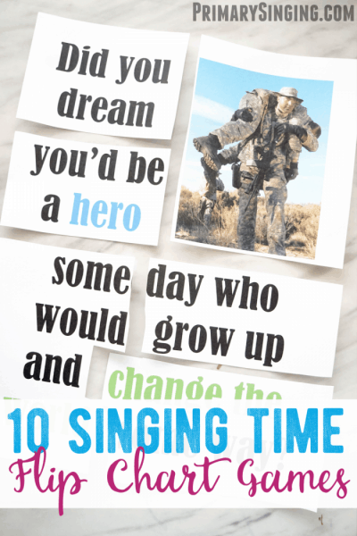 Singing Time Ideas Using Flip Charts -- 10 quick and easy no-prep singing time activities and games using the flip charts you already have! Plus printable flip charts for lots of Primary songs! #SingingTime #Primary #LDS #ChurchofJesusChrist #LatterdaySaints