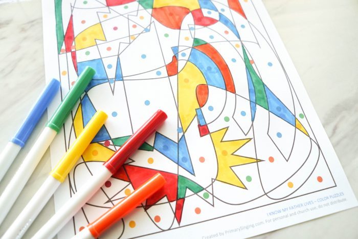 I Know My Father Lives Color Puzzle is a fun and colorful singing time lesson plan! LDS Primary Music leaders will love this free printable idea that gets kids singing!