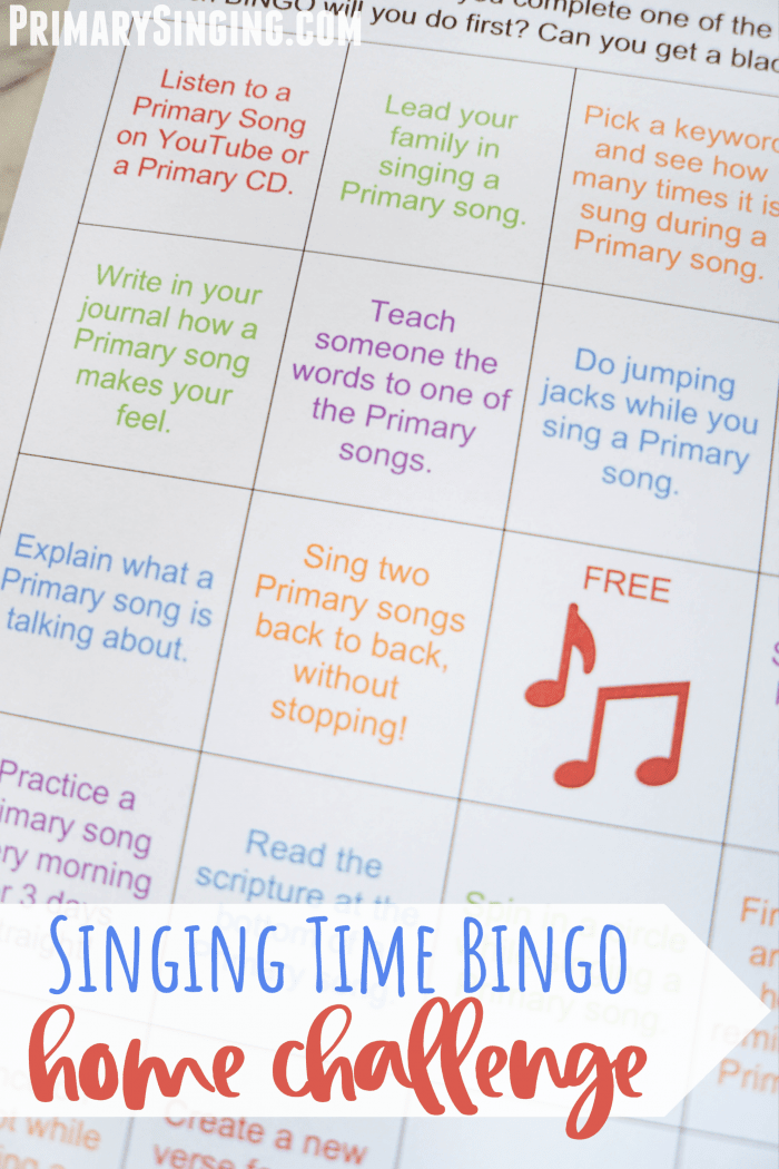 Singing Time Bingo Challenge Singing time ideas for Primary Music Leaders Singing Time Bingo Home Challenge