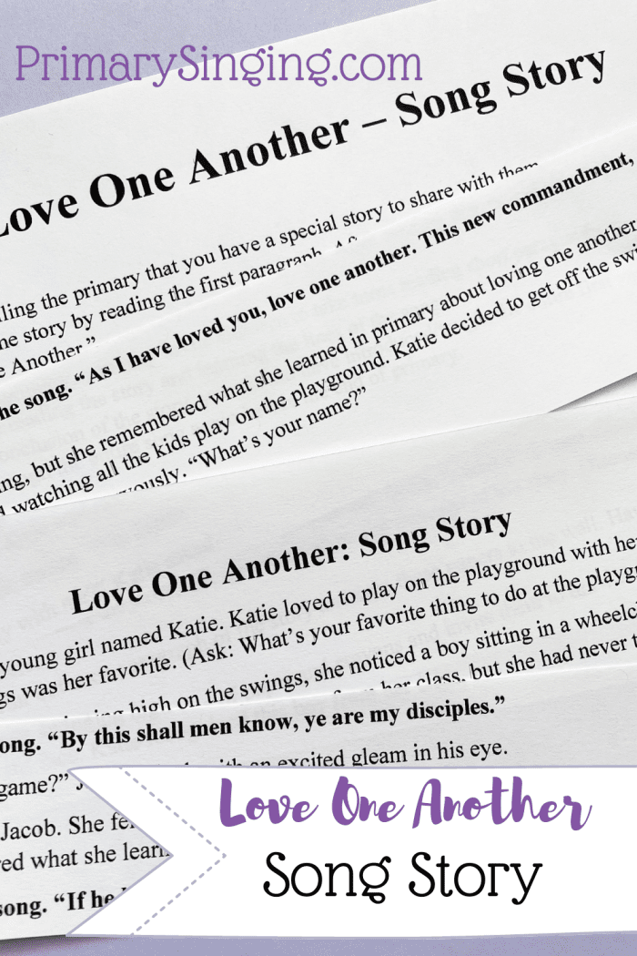 Love One Another Song Story singing time with free printable activity and lesson plan for LDS Primary Music Leaders with an engaging activity to teach this song