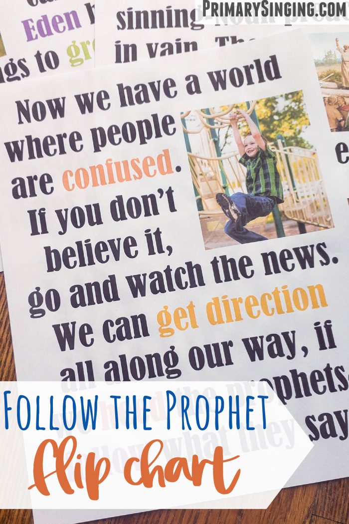 Grab this free printable Follow the Prophet Flip Chart with 3 versions! Colorful, black and white, and slideshow for LDS Primary Music Leaders Singing Time.