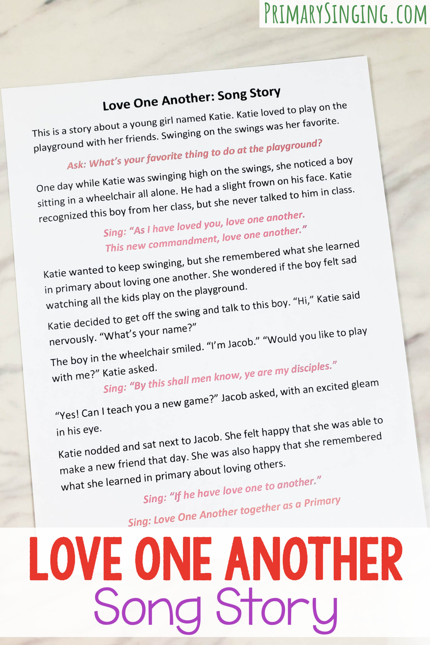 Love One Another 1-page printable song story lesson plan for singing time main picture