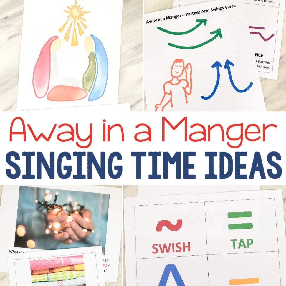 150+ Christmas Singing Time Ideas by Song! 14 Away in a Manger Singing Time Ideas including flip chart, draw the nativity, partner arm swings, paper plates pattern, dance scarves, what comes next, and more! Lots of fun printable lesson plans and activities for LDS Primary music leaders.