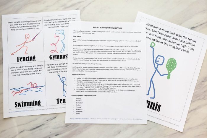 Summer Olympic Yoga Cards! Grab these adorable summer sports themed yoga cards. They coordinate perfectly with the summer Olympics, or use them any summer with a general sports theme! I'm using these in my Primary Singing Time to teach the song Faith! 