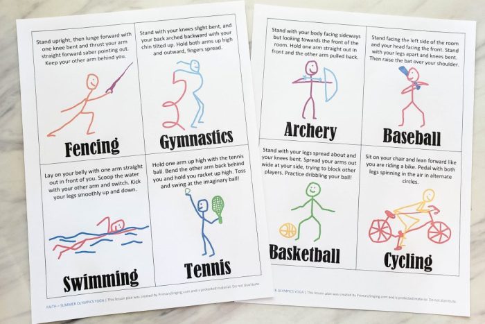 Summer Olympic Yoga Cards! Grab these adorable summer sports themed yoga cards. They coordinate perfectly with the summer Olympics, or use them any summer with a general sports theme! I'm using these in my Primary Singing Time to teach the song Faith! 