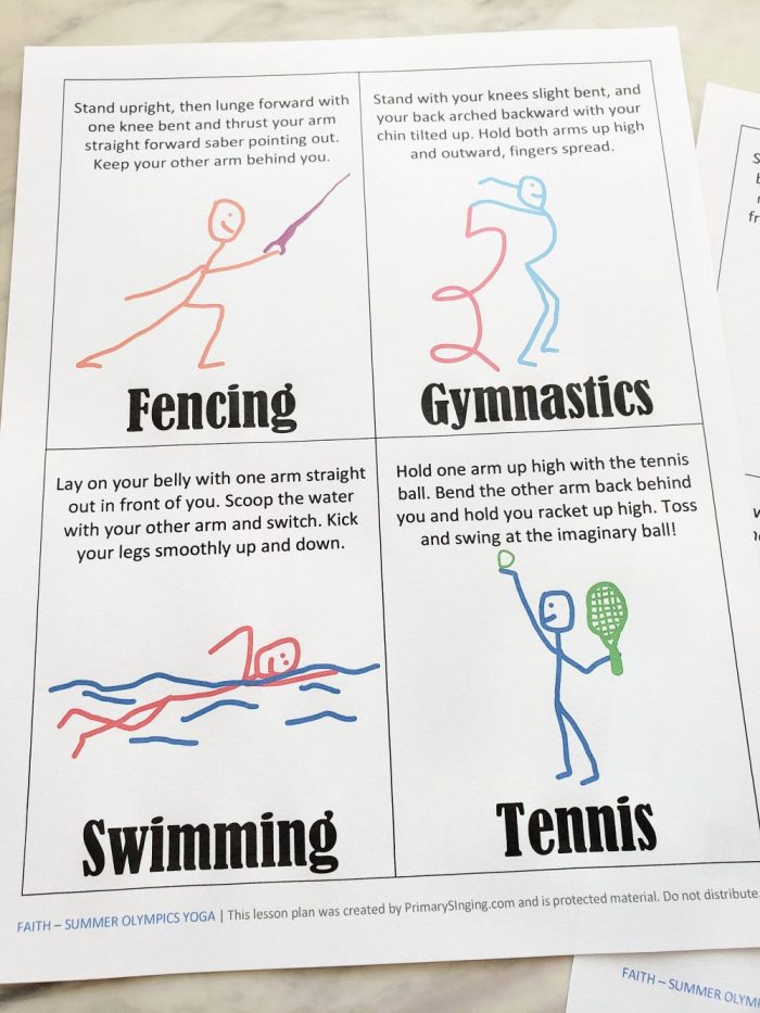 Faith Summer Olympic Yoga Cards! Grab these adorable summer sports themed yoga cards. They coordinate perfectly with the summer Olympics, or use them any summer with a general sports theme! I'm using these in my Primary Singing Time to teach the song Faith! 