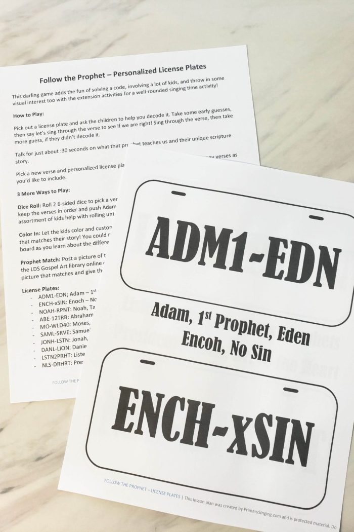 Follow the Prophet singing time ideas - Personalized License Plates game printable lesson plan