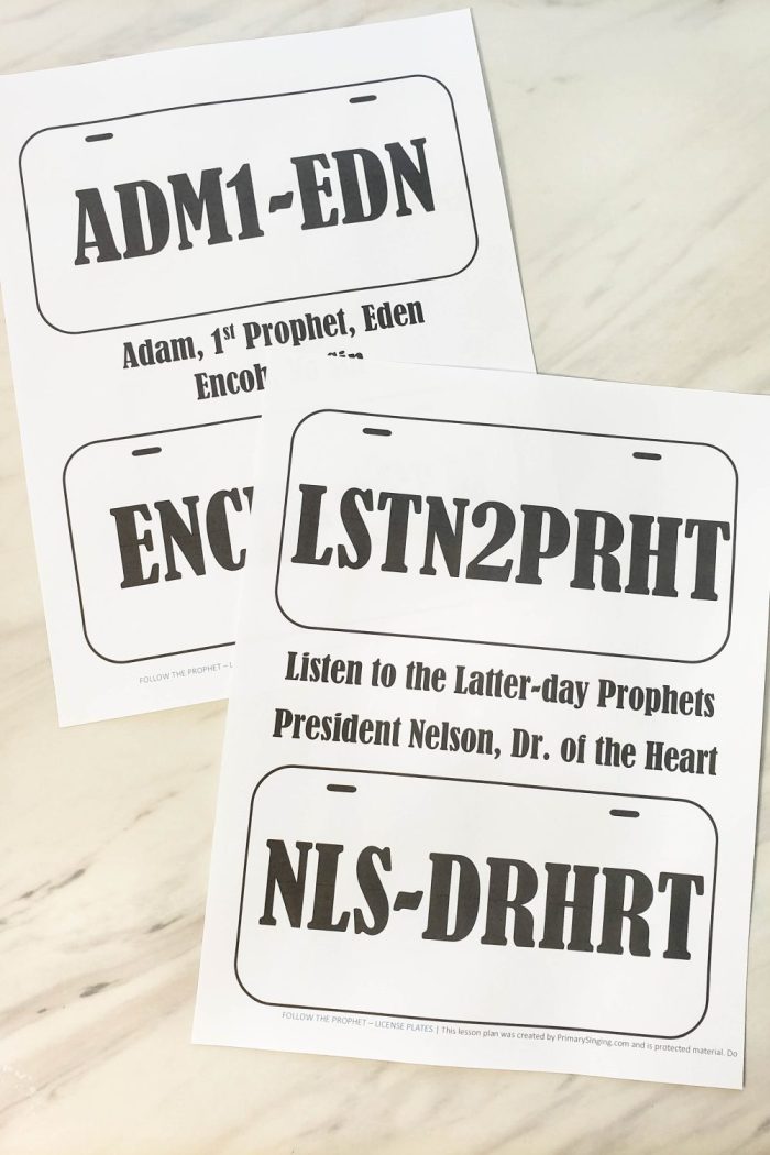Follow the Prophet singing time ideas - Personalized License Plates game printable lesson plan