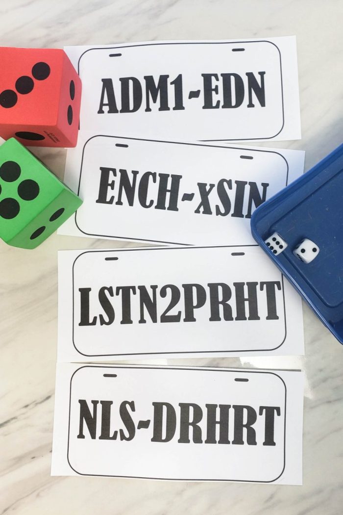 Follow the Prophet singing time ideas - Personalized License Plates game played with 2 dice