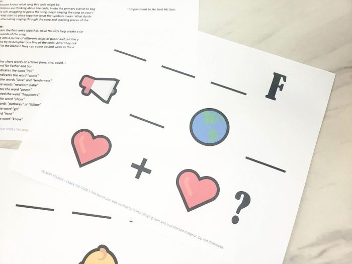 He Sent His Son Singing Time Ideas - Crack the Code! The kids will love this fun crack the code activity where they have to solve for the emojis and blanks in this visual and logical singing time lesson plan!