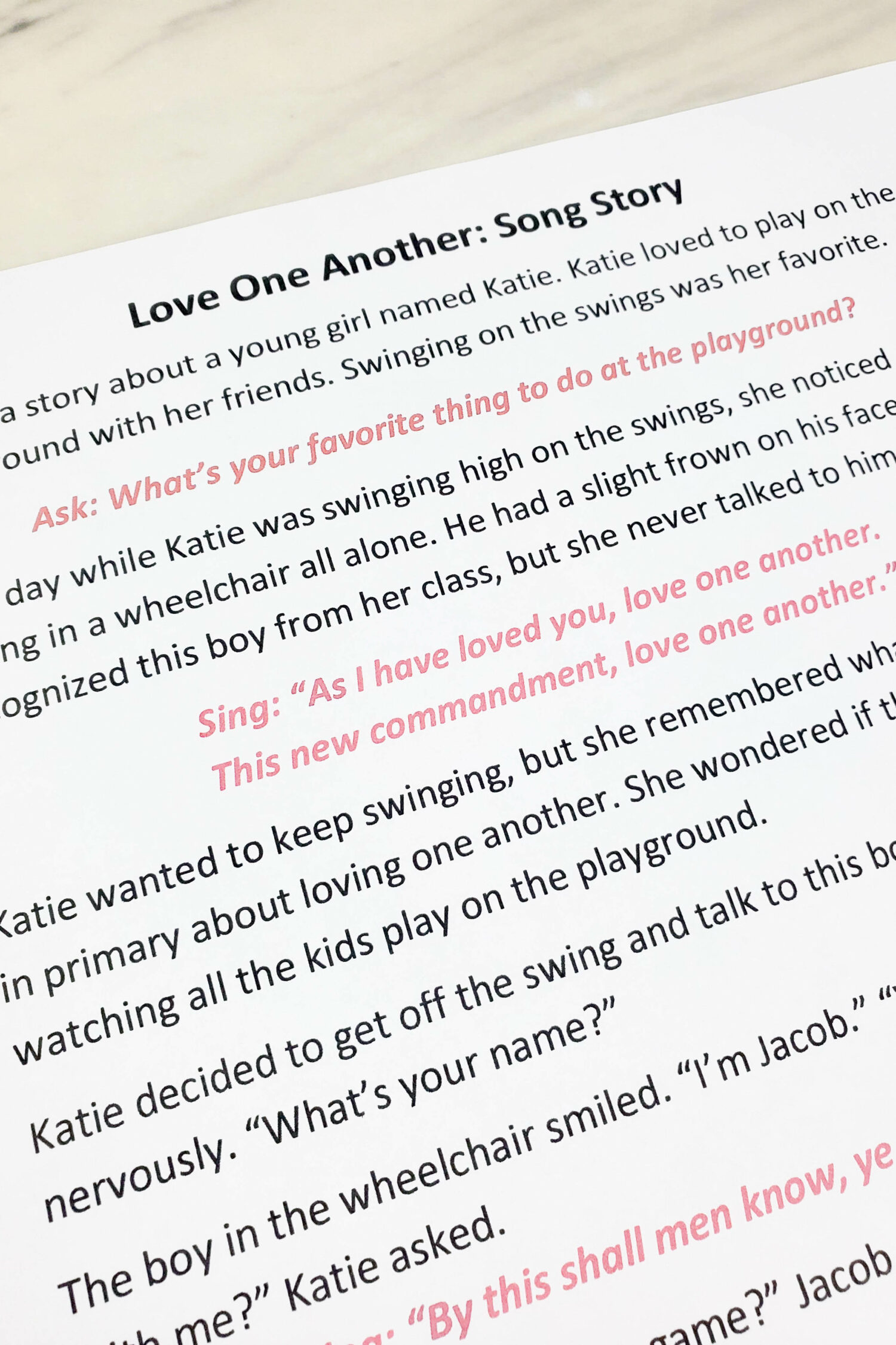 Up close Love One Another 1-page printable song story lesson plan for singing time