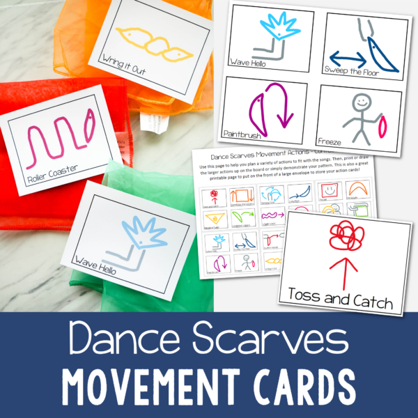 24 different dance scarves movement action cards! Free printable resource for Primary music leaders, homeschoolers, and preschool teachers.