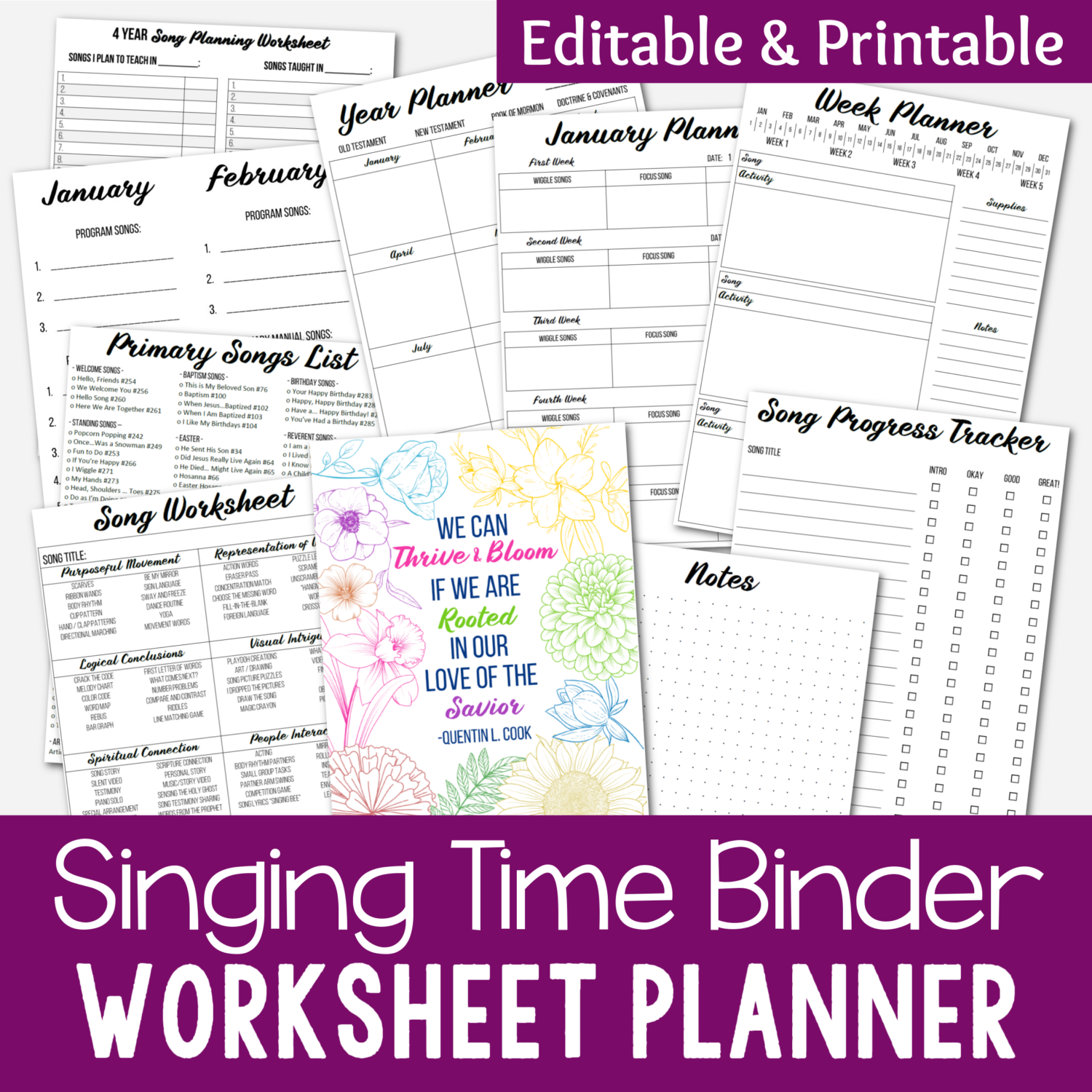 Music Leader Planner 4 This is the perfect Primary Singing Time Binder Planner Bundle! This includes everything you need to start organizing your Singing Time ideas and lesson plans and references and worksheets to help you quickly and easily prepare lessons! ✅ This printable file includes: Binder cover and tabs, Week, month, and Year planners, 4-year song planner, 2-month pianist song list, primary schedule, primary song list, song lesson brainstorm, song worksheet, song lesson planner, song schedule planner, song learning style tracker, song progress tracker, budget worksheet, and note pages.