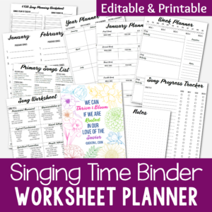 This is the perfect Primary Singing Time Binder Planner Bundle! This includes everything you need to start organizing your Singing Time ideas and lesson plans and references and worksheets to help you quickly and easily prepare lessons! ✅ This printable file includes: Binder cover and tabs, Week, month, and Year planners, 4-year song planner, 2-month pianist song list, primary schedule, primary song list, song lesson brainstorm, song worksheet, song lesson planner, song schedule planner, song learning style tracker, song progress tracker, budget worksheet, and note pages.