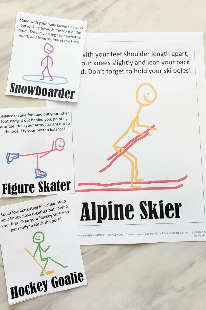 Winter Olympics Yoga Cards - Free printable cards and lesson plan with ideas on ways to use them with kids to teach music! 