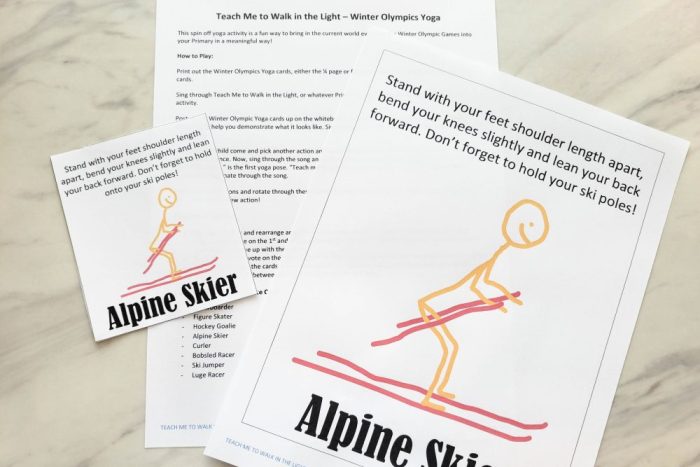 Winter Olympics Yoga Cards - alpine skier with printable lesosn plan