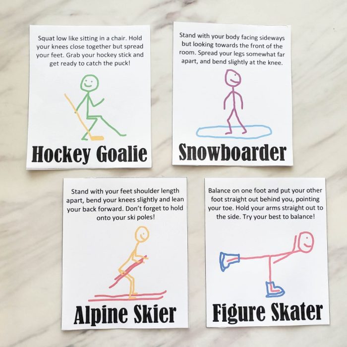 Winter Olympics Yoga Cards - hockey goalie, snowboarder, alpine skier, figure skater