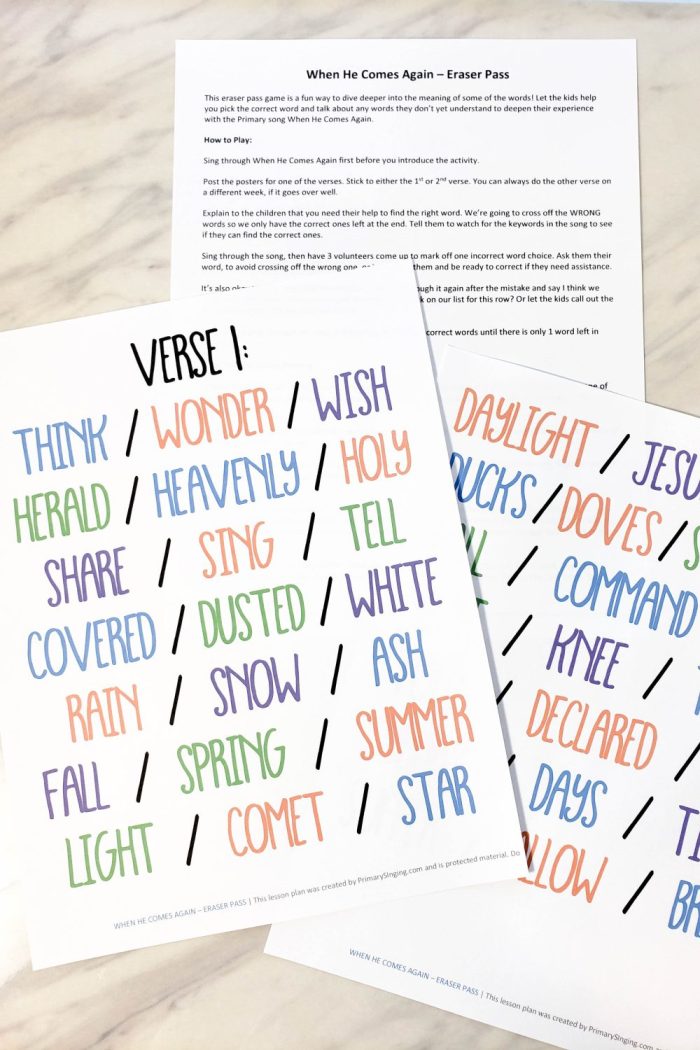 When He Comes Again Singing Time Idea - Eraser Pass! Find the correct word and cross out all the ones that don't belong! This is a fun and easy singing time idea for LDS Primary music leaders including a free printable lesson plan! 