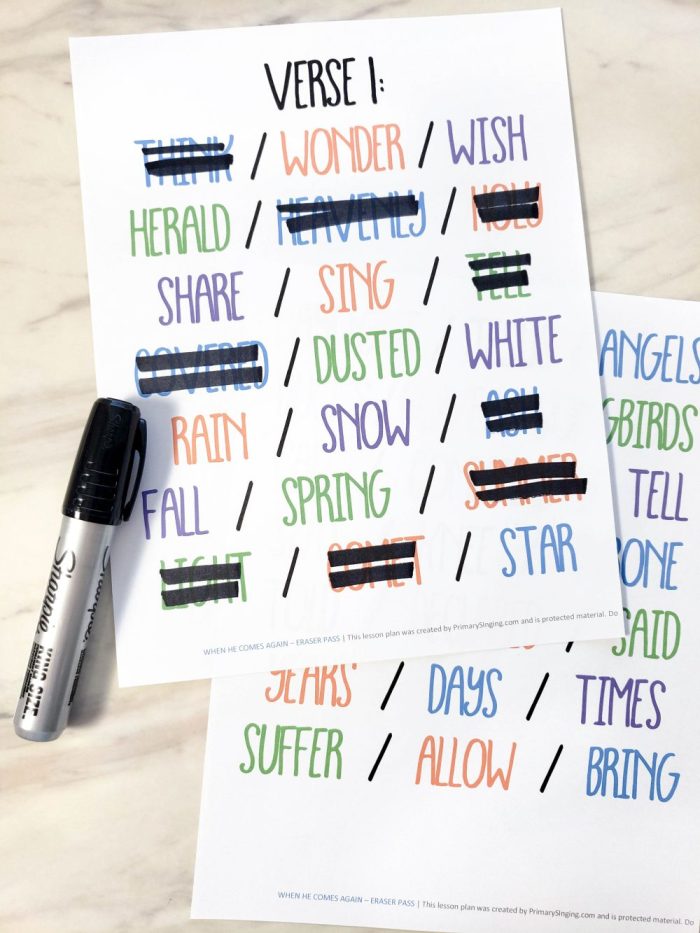 When He Comes Again Singing Time Idea - Eraser Pass! Find the correct word and cross out all the ones that don't belong! This is a fun and easy singing time idea for LDS Primary music leaders including a free printable lesson plan! 