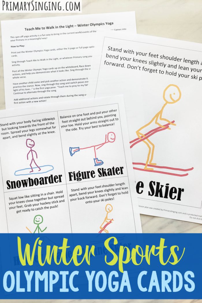 Have fun with these Printable Winter Olympics yoga poses cards! Singing Time Lesson plan for LDS Primary Music Leaders teaching Teach Me to Walk in the Light.