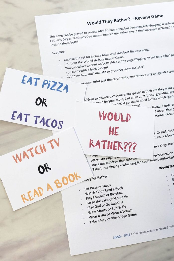 Would He Rather Questions and Game printable lesson plan for singing time