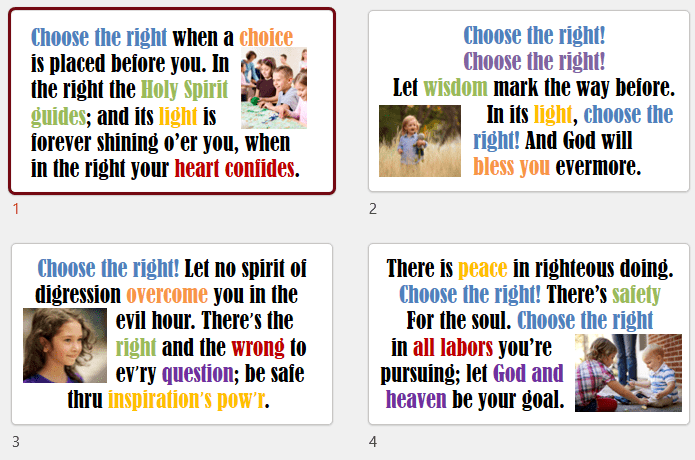 Choose the Right - Flip Chart & Lyrics Easy singing time ideas for Primary Music Leaders choose the right hymn flip chart slides