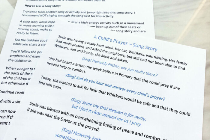 A Child's Prayer Song Story singing time ideas for primary with printable lesson plan and story