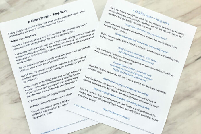 A Child's Prayer singing time ideas - Teach A Child's Prayer with this song story! It's a great way to use the spiritual learning style to have a meaningful experience teaching A Child's Prayer - printable song story for Primary Music Leaders.