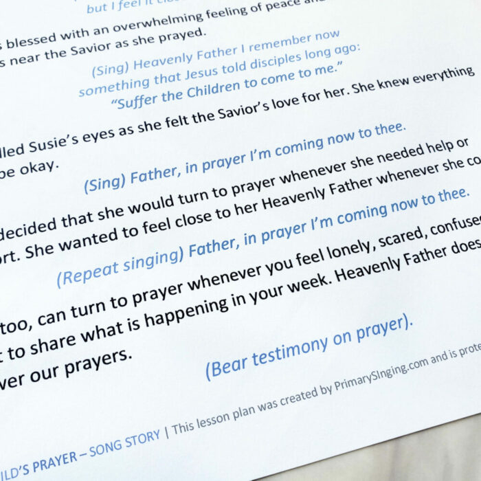 A Child's Prayer Song Story printable song helps for LDS Primary music leaders
