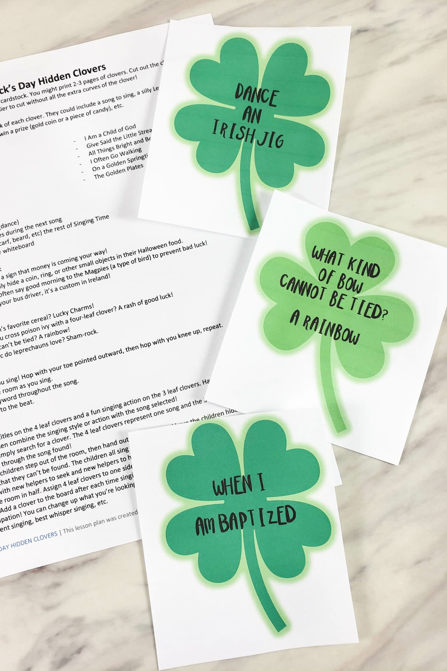 St Patrick's Day Singing Time Idea Hidden Clovers Game with jokes, dares, Primary songs, Irish facts, and more!